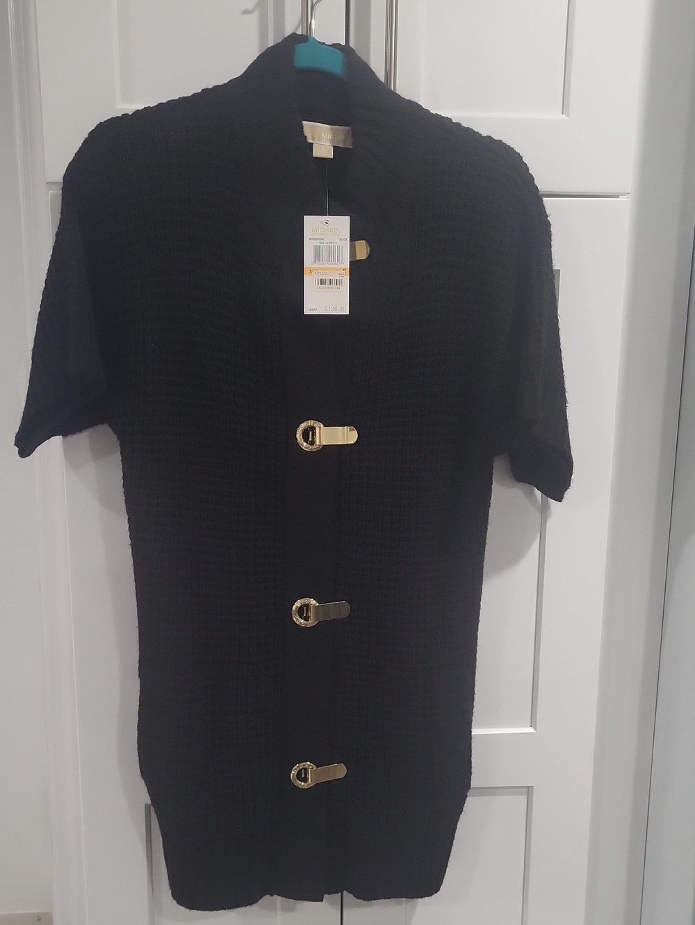 MICHAEL Michael Kors Black Waffle-Knit Sweater Dress with Gold Toggle